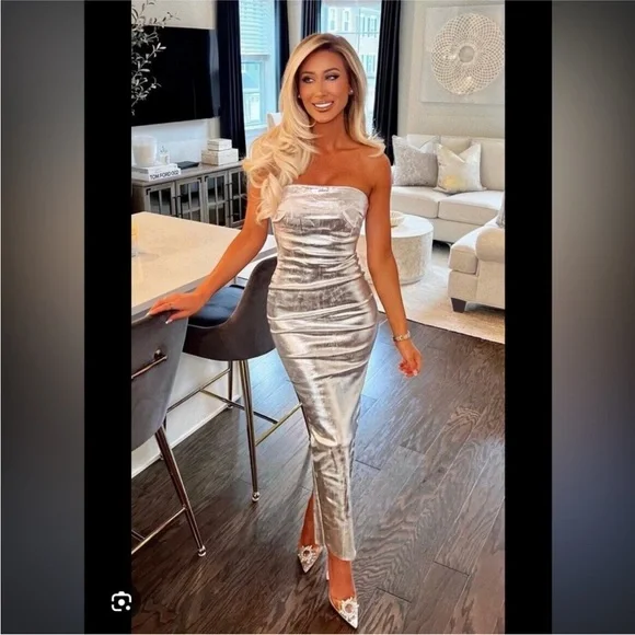 Zara The Fitted Denim bodycon silver midi dress sz.XS - Picture 4 of 16